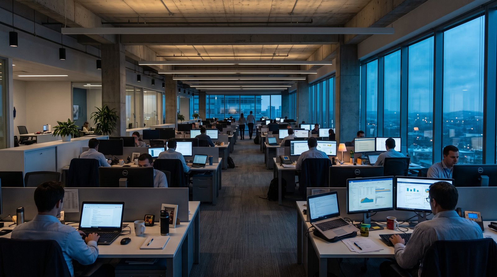Modern American office with staff working on business computers