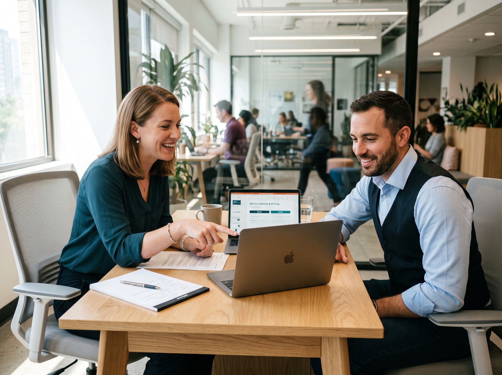 Tech Retailer USA sales advisor helping a business customer choose laptops