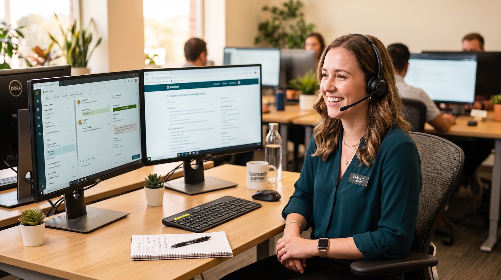 Customer support advisor taking a call at a desk