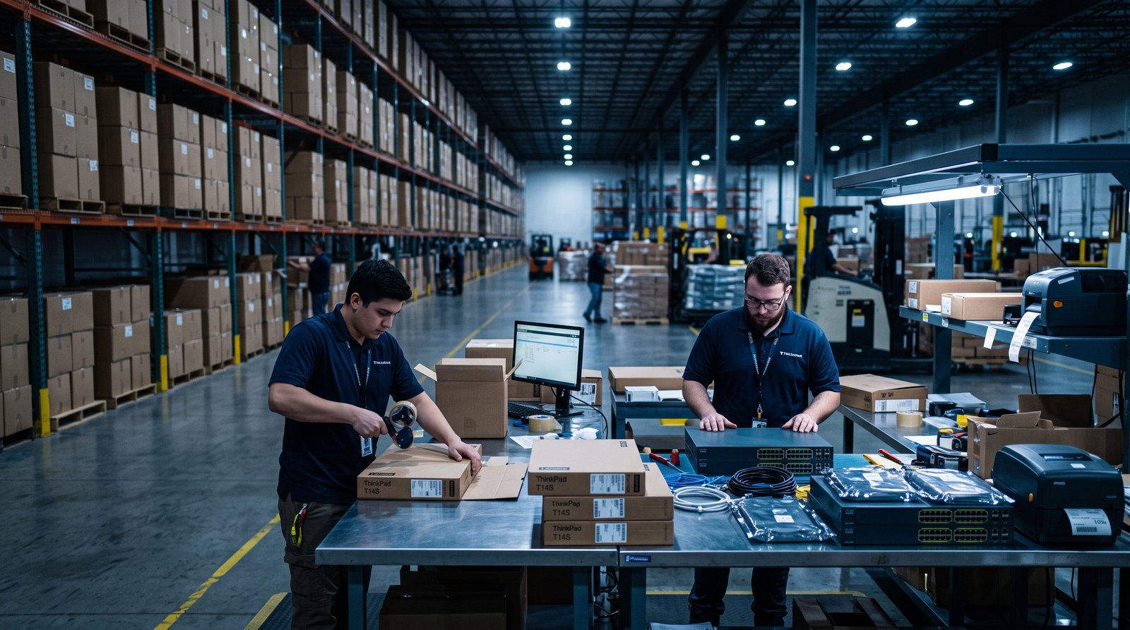 Technicians preparing business laptops and network equipment in a United States warehouse