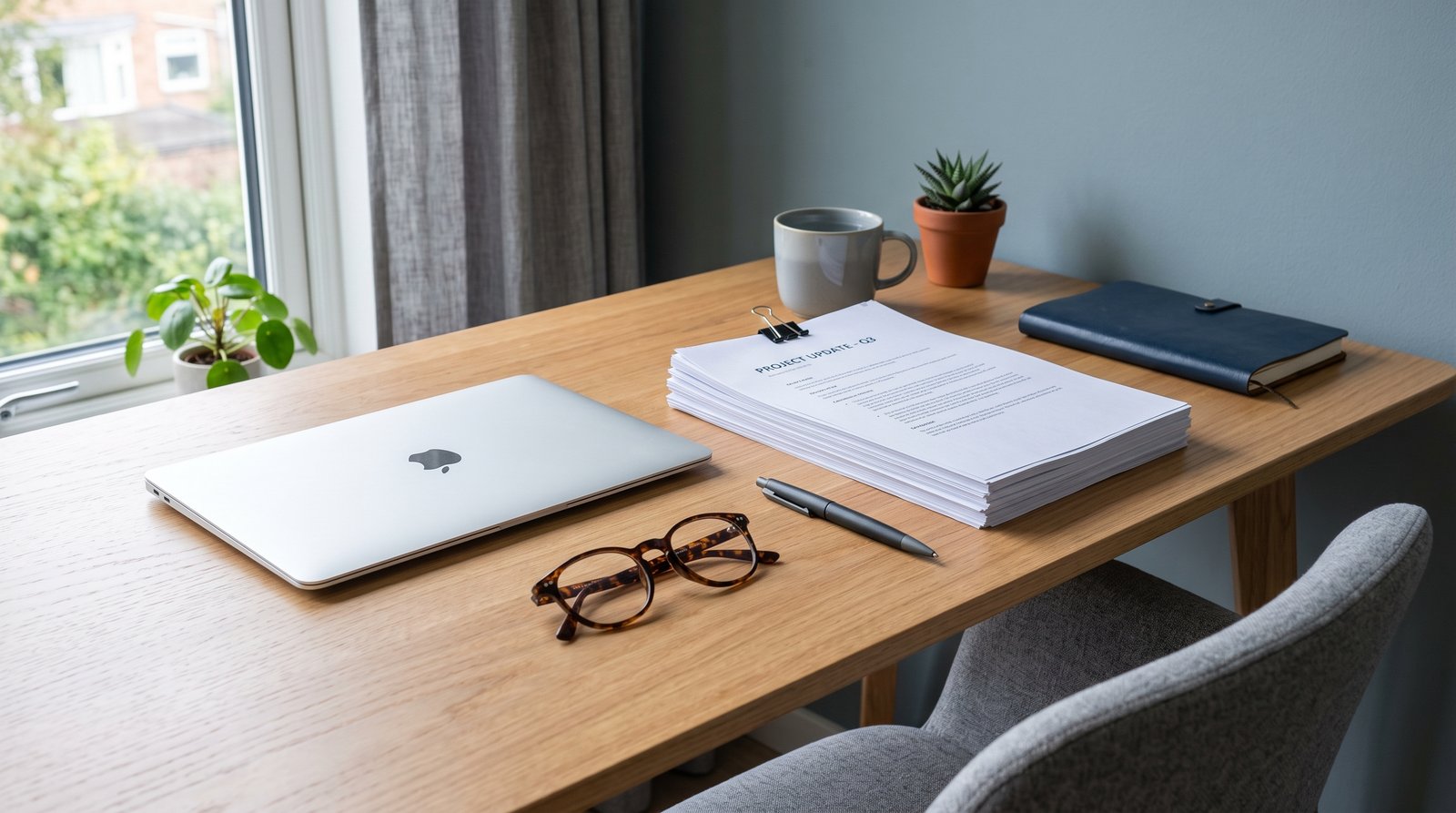 Business documents and a laptop on a desk