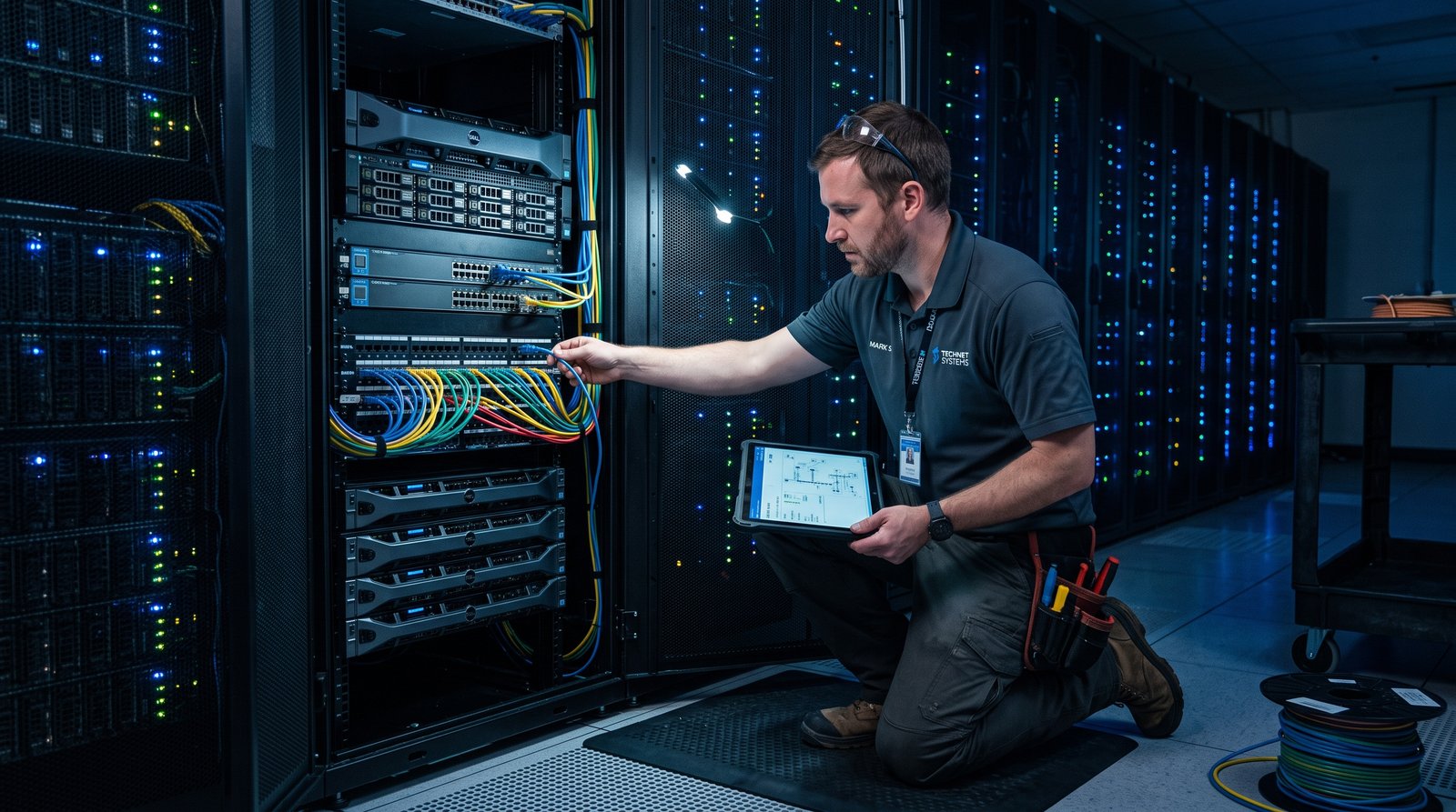 Network engineer working on server racks in a data room