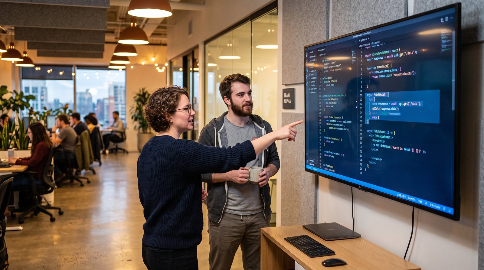 Software developers working together at a desk with code on screen