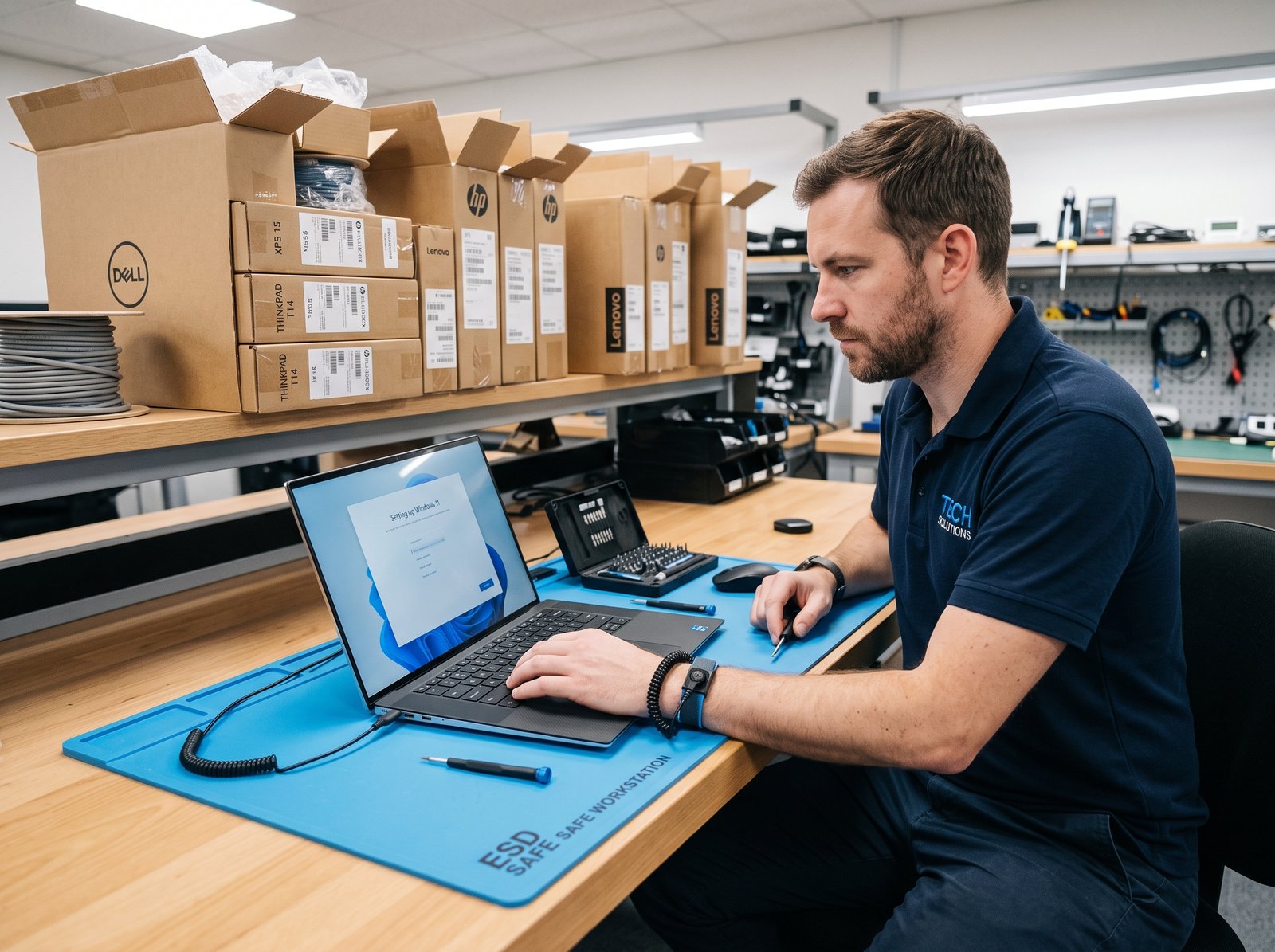 Technician configuring a new business laptop on a workbench
