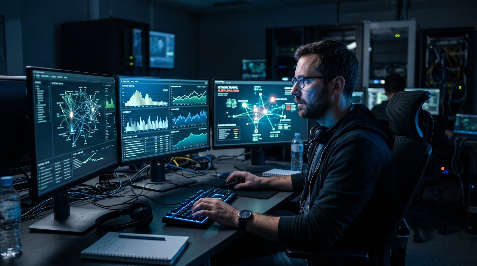 Security analyst reviewing network activity on multiple screens
