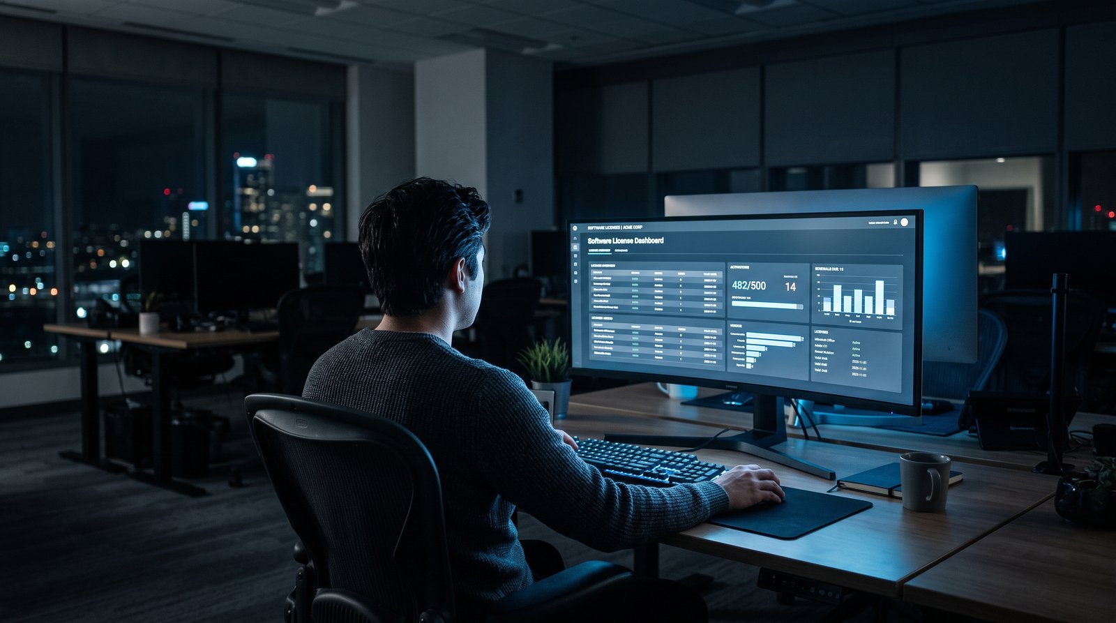 Office worker reviewing software licences on a computer screen
