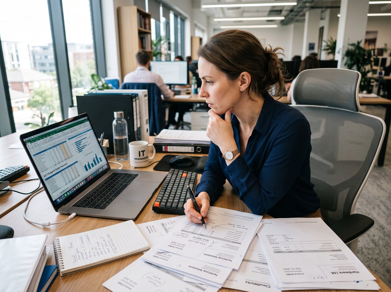 IT manager reviewing a software licence summary on a laptop