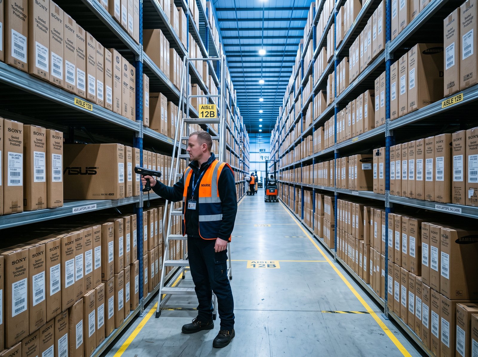 Sealed technology products organised on warehouse shelving ready for dispatch